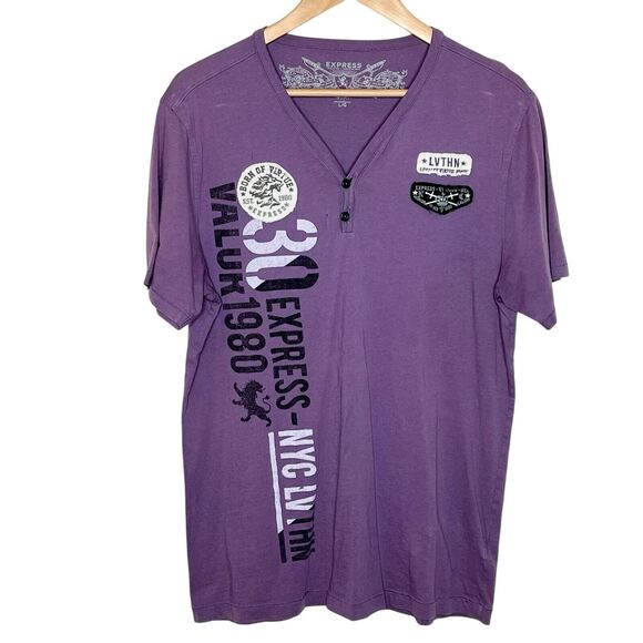 Express Y2K Graphic Henley T Shirt Purple Mens L Patches Edgy Worn thrashed - Picture 1 of 11